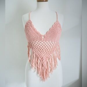 Baby Pink Knit Open Back Festival Top with Tassles